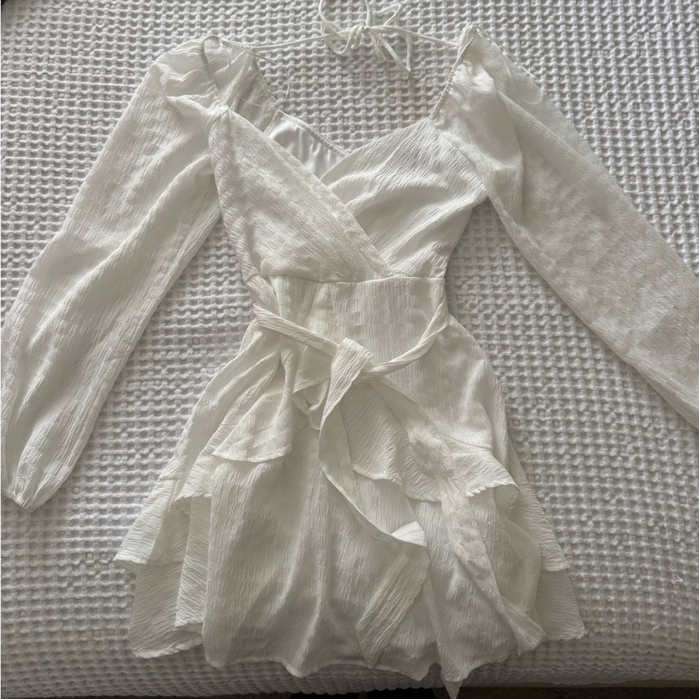 White Textured Fabric long sleeve dress